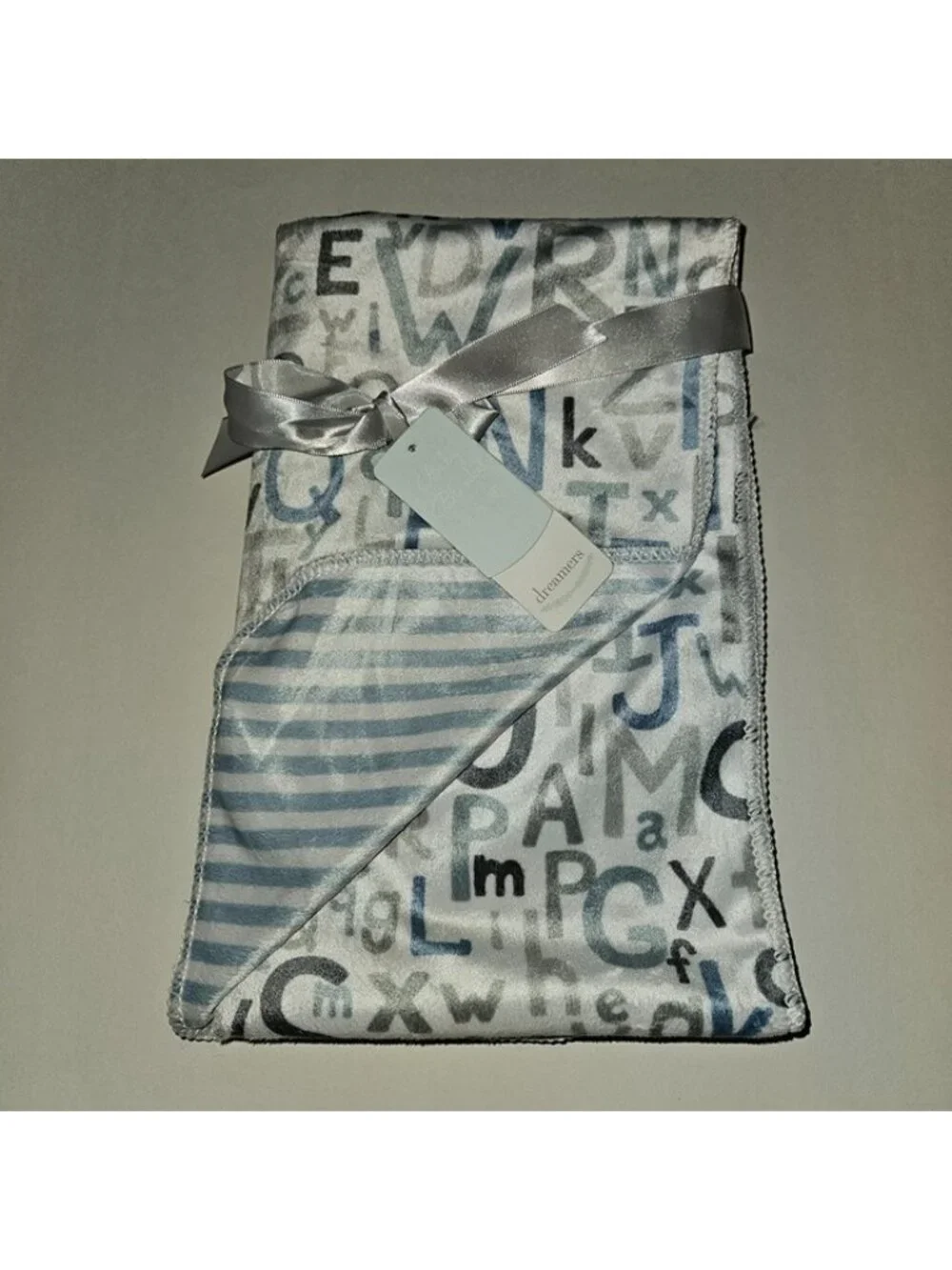 NEW 119741 Reversible Fleece Baby Blanket Gray Blue Letters Alphabet Stripes